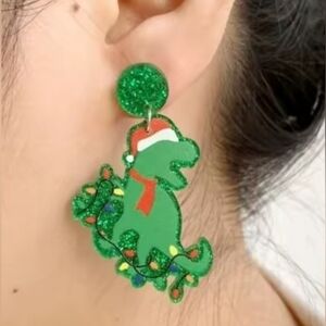 Glitter Green Christmas Dinosaur Post Earrings Holiday Acrylic Dangles New